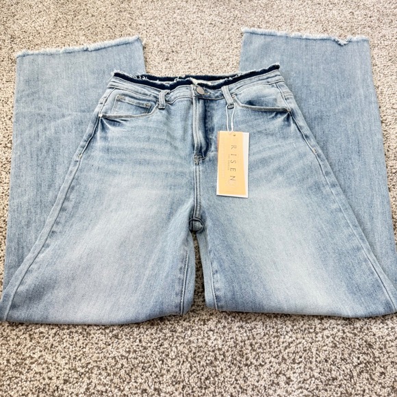Risen Jeans Denim - Risen Jeans Womens 9 Light Wash High Rise Wide Leg Frayed Raw Hem Boho Western